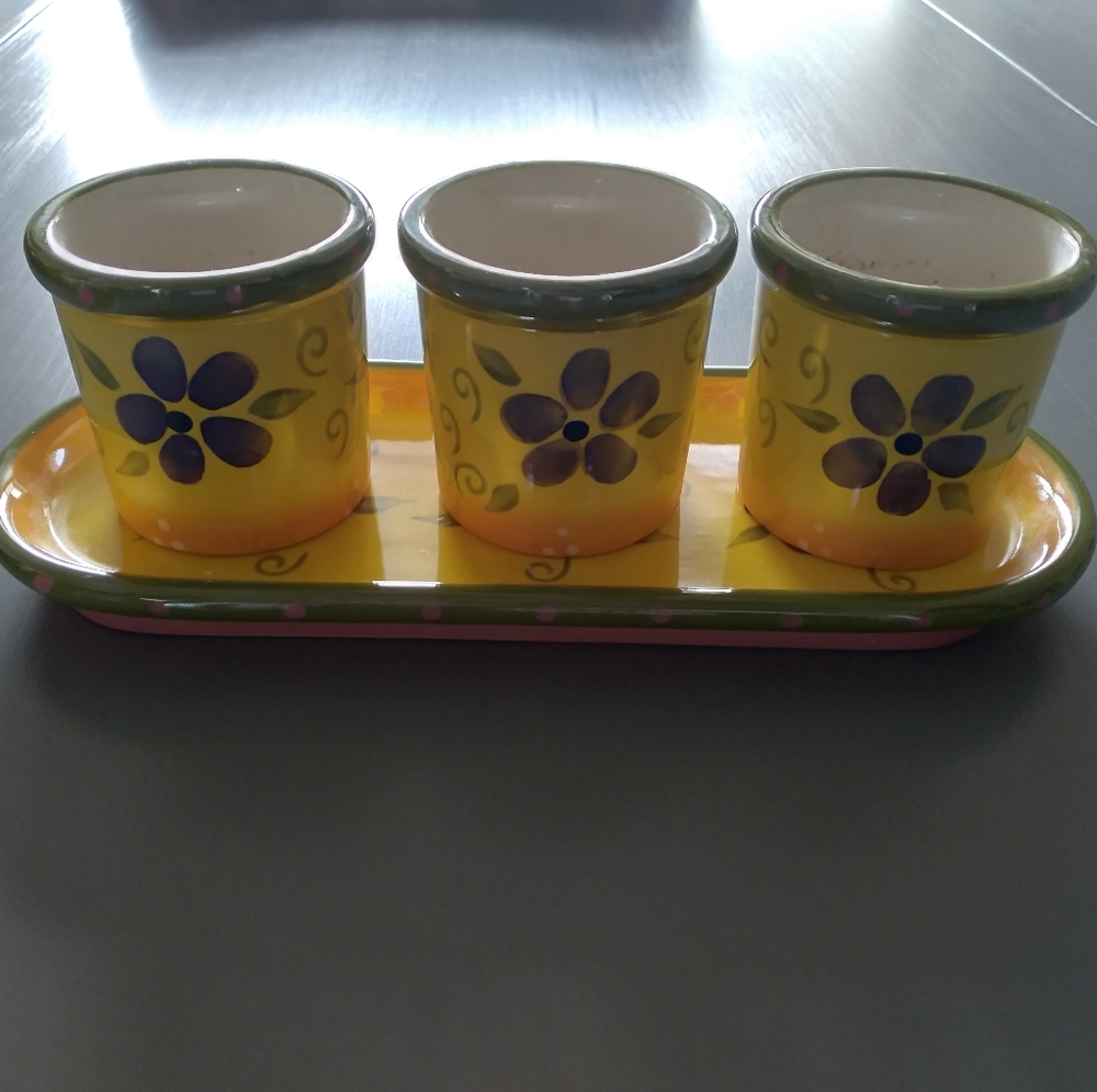 Partylite Floral Flower Pot Ceramic Votive Trio Candle Holder With Tray Yellow